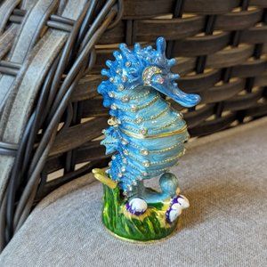 Seahorse shaped enamel bejeweled trinket box collectible beach